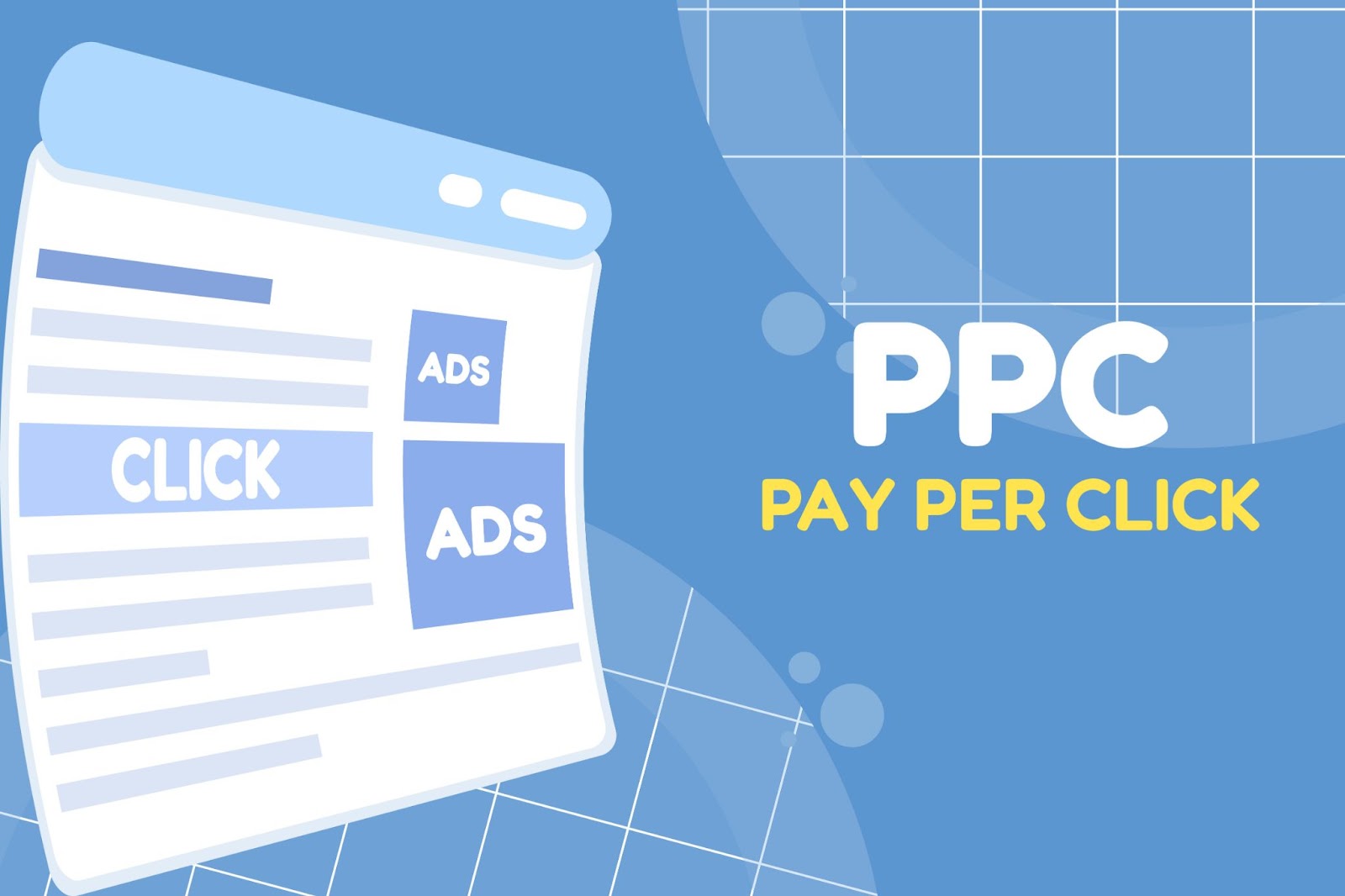 A blue and white graphic illustration explaining the concept of PPC (Pay Per Click) advertising.