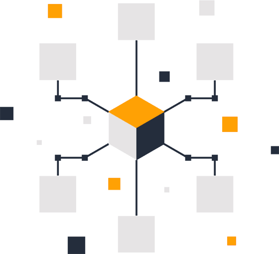 An illustration of a cube surrounded by squares, showcasing geometric shapes and symmetry.