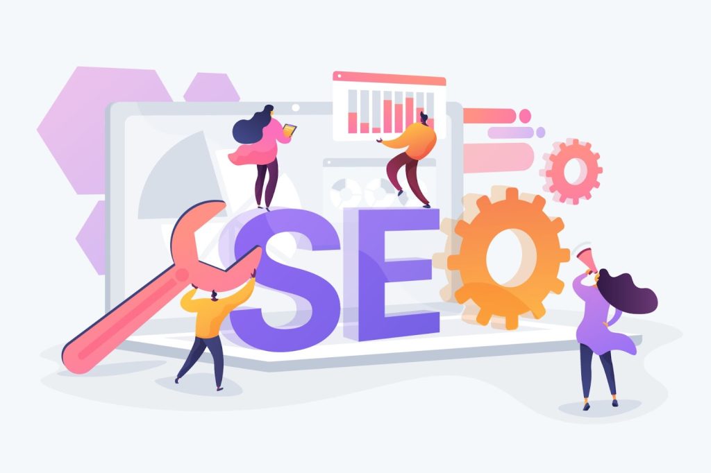 A diverse team collaborates on search engine optimization strategies for digital marketing and improving SERP rankings.