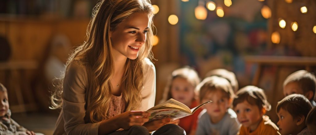 A woman reading a story to children in a classroom setting for storyboard or video marketing content