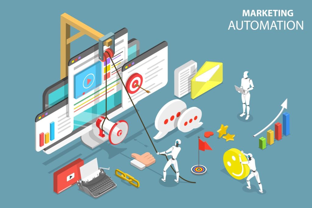 Isometric illustration of marketing automation concept with lead scoring and email marketing features.