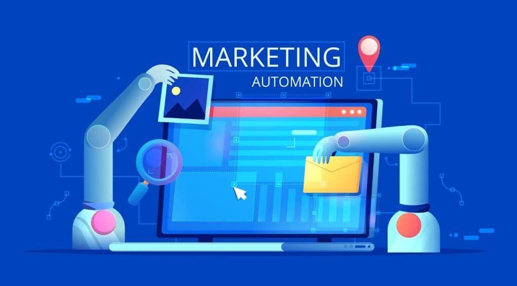 Marketing automation concept with robots and laptop. Illustration of lead scoring and email marketing automation strategies in action.