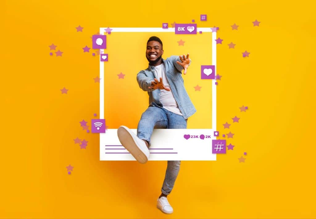 A man jumping with social media icons around him, representing content marketing service and strategy.