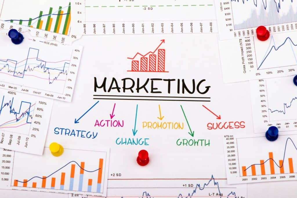 Marketing concept illustration featuring business graphs and charts, highlighting SEO strategies and plugins for optimization.