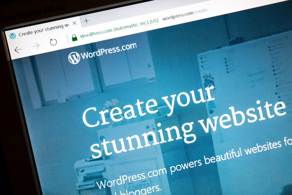 WordPress logo with text highlighting its role as a free, open-source content management system for SEO strategies and plugins.