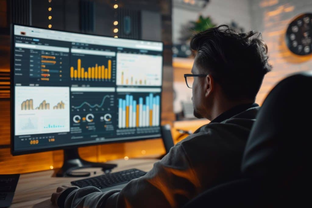 A man analyzes website traffic at his desk, viewing graphs on a computer screen, utilizing Google Analytics tools.