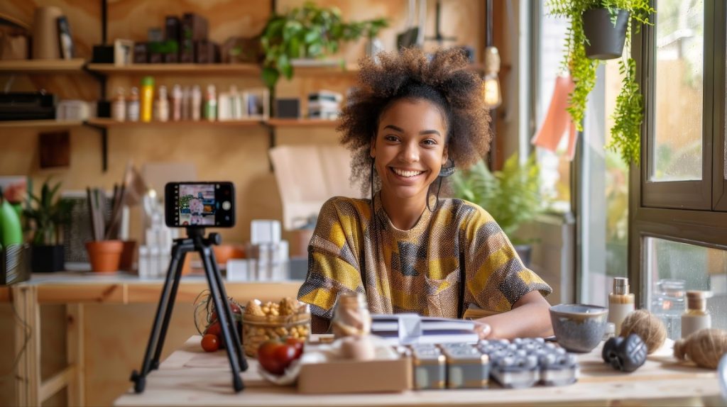 A woman smiles at a table with a camera, representing the vibrant world of influencer and digital marketing strategies.