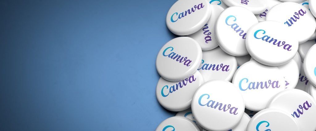 Canva logo displayed on a white button, representing free templates and design tools available on the platform.