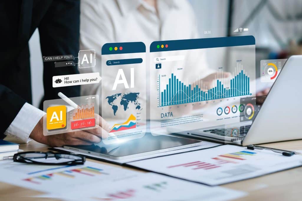 A businessman analyzes digital marketing data on a laptop, featuring graphs and AI marketing tools for strategic insights.