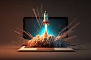 A laptop topped with a rocket, symbolizing innovation in digital marketing and AI marketing tools.