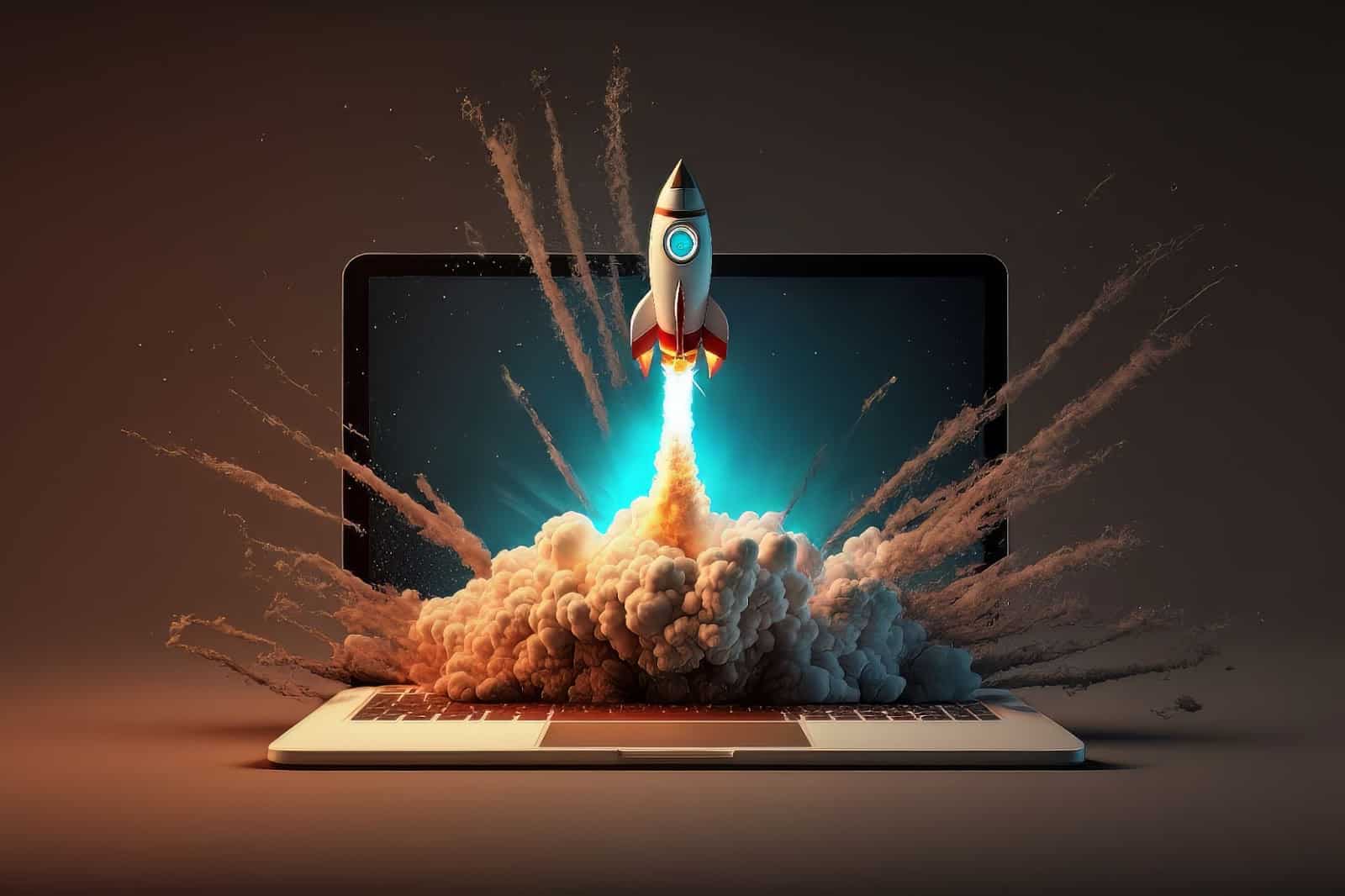 A laptop topped with a rocket, symbolizing innovation in digital marketing and AI marketing tools.