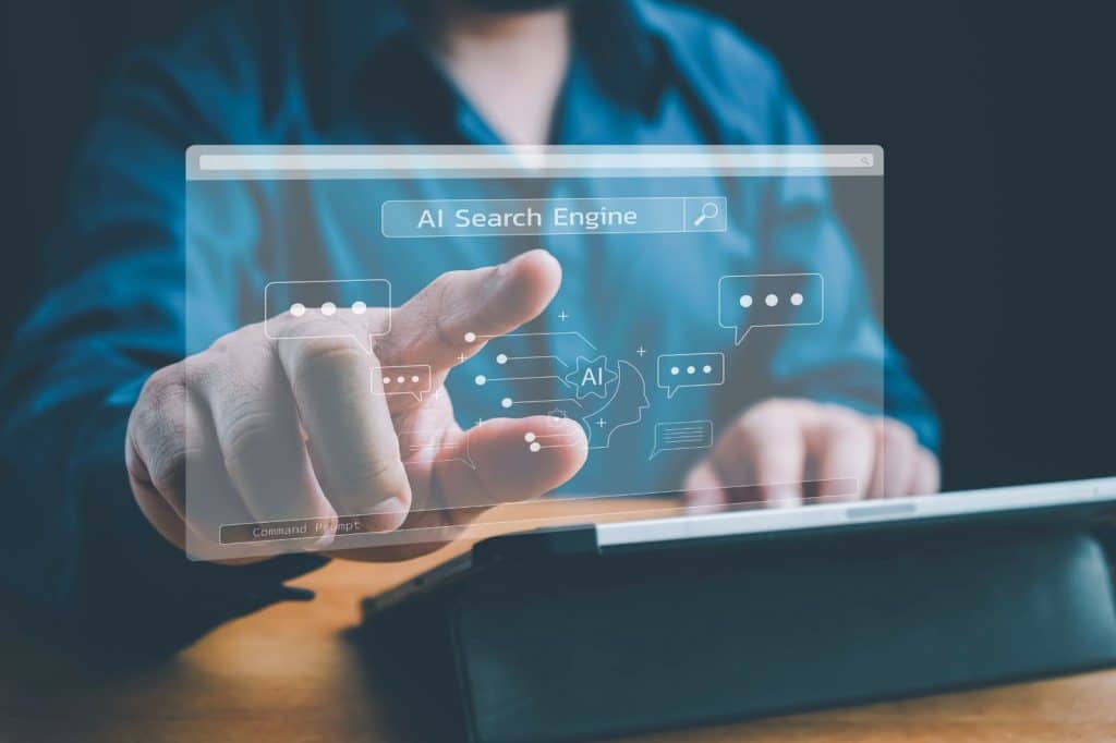 A man engages with a tablet displaying a search engine, exploring digital marketing and AI marketing tools.