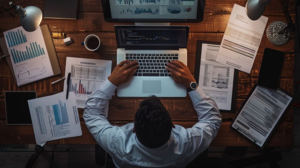 A man focused on his laptop at a desk cluttered with papers, enhancing his SEO and content creation efforts.