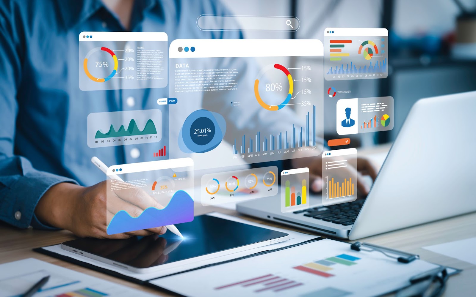 Businessman analyzing graphs and charts on a laptop, representing digital marketing strategies in Utah.