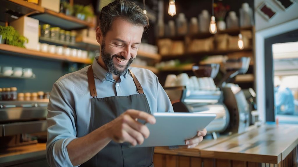 A smiling man in an apron holds a tablet, representing a Utah marketing agency focused on SEO services.