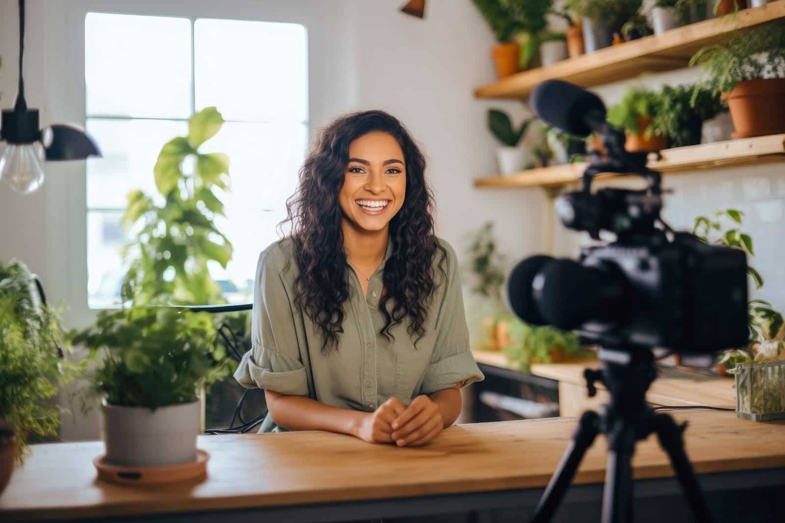 A woman smiles brightly while seated in front of a camera, embodying the essence of engaging digital marketing content.