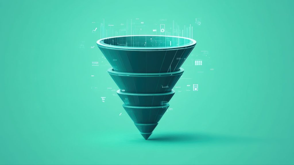 A funnel with a digital icon, symbolizing sales funnel automation for nurturing leads by a Utah marketing agency.