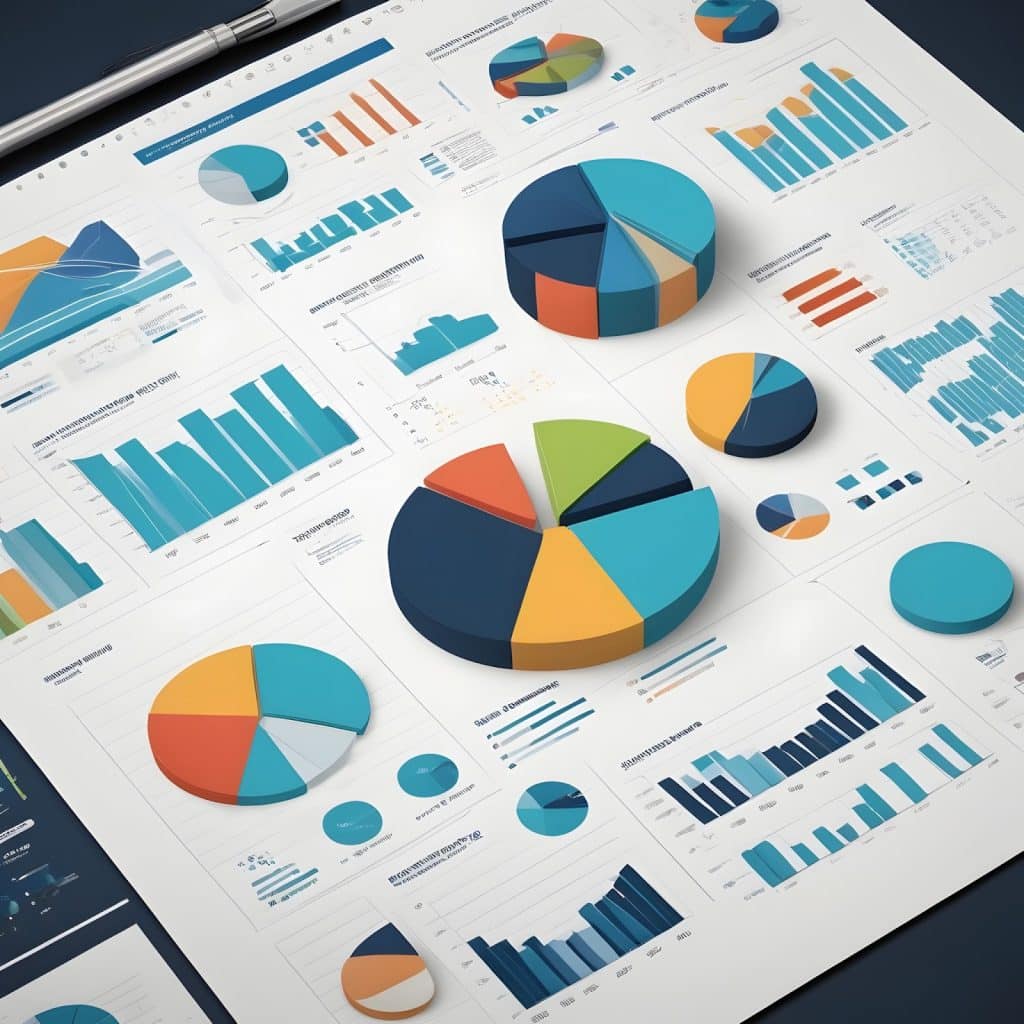 A tablet displaying various graphs and charts related to marketing strategy and sales goals for a Utah marketing agency.