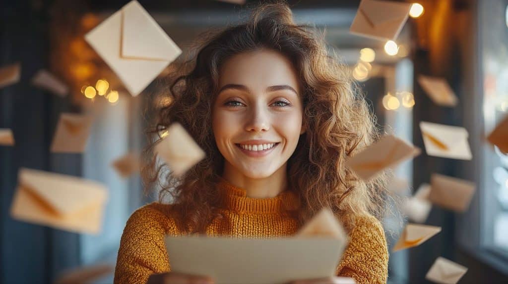 A woman smiles while holding an envelope, representing effective email marketing strategies in Utah.