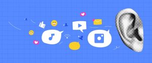 Illustration of social media icons, emojis, and communication bubbles floating toward a stylized ear, symbolizing social listening and brand engagement.