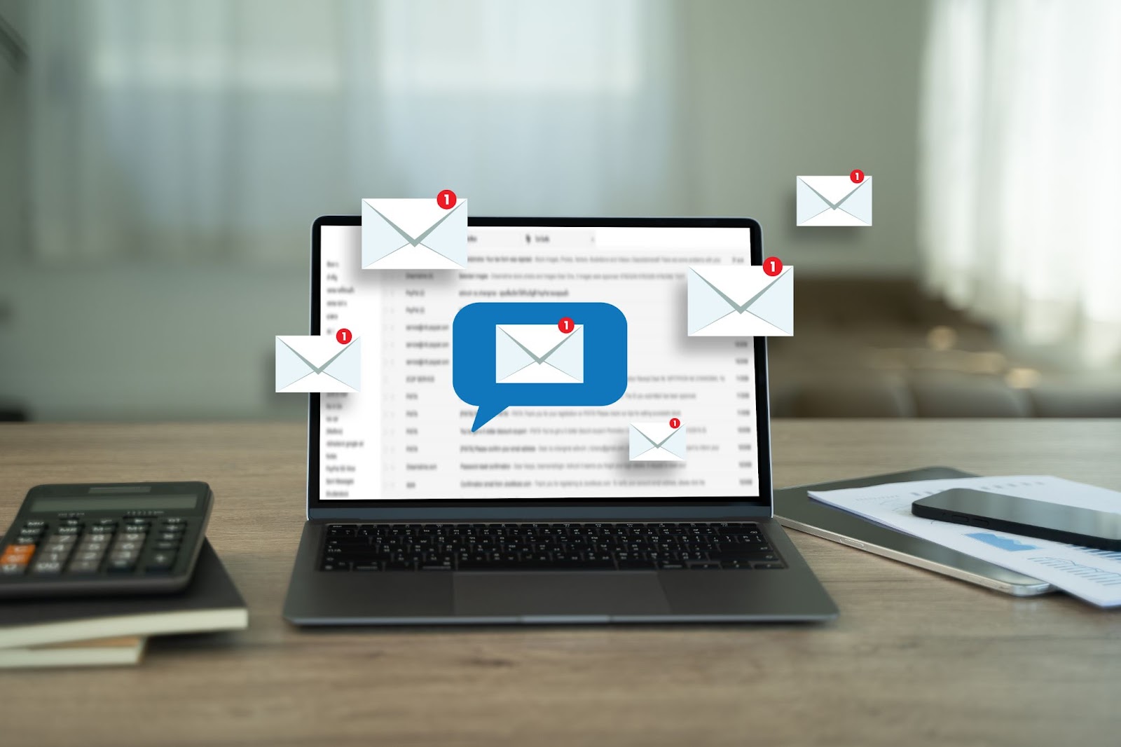 A laptop on a desk with an open email inbox, surrounded by floating email icons with red notification badges, next to a calculator, notebook, smartphone, and papers.