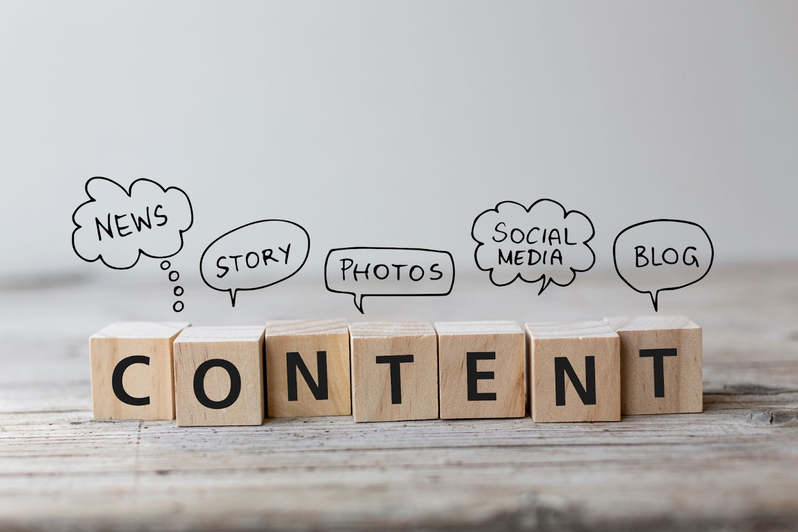 Wooden blocks spelling "CONTENT" on a wooden surface, with speech bubbles labeled "NEWS," "STORY," "PHOTOS," "SOCIAL MEDIA," and "BLOG."