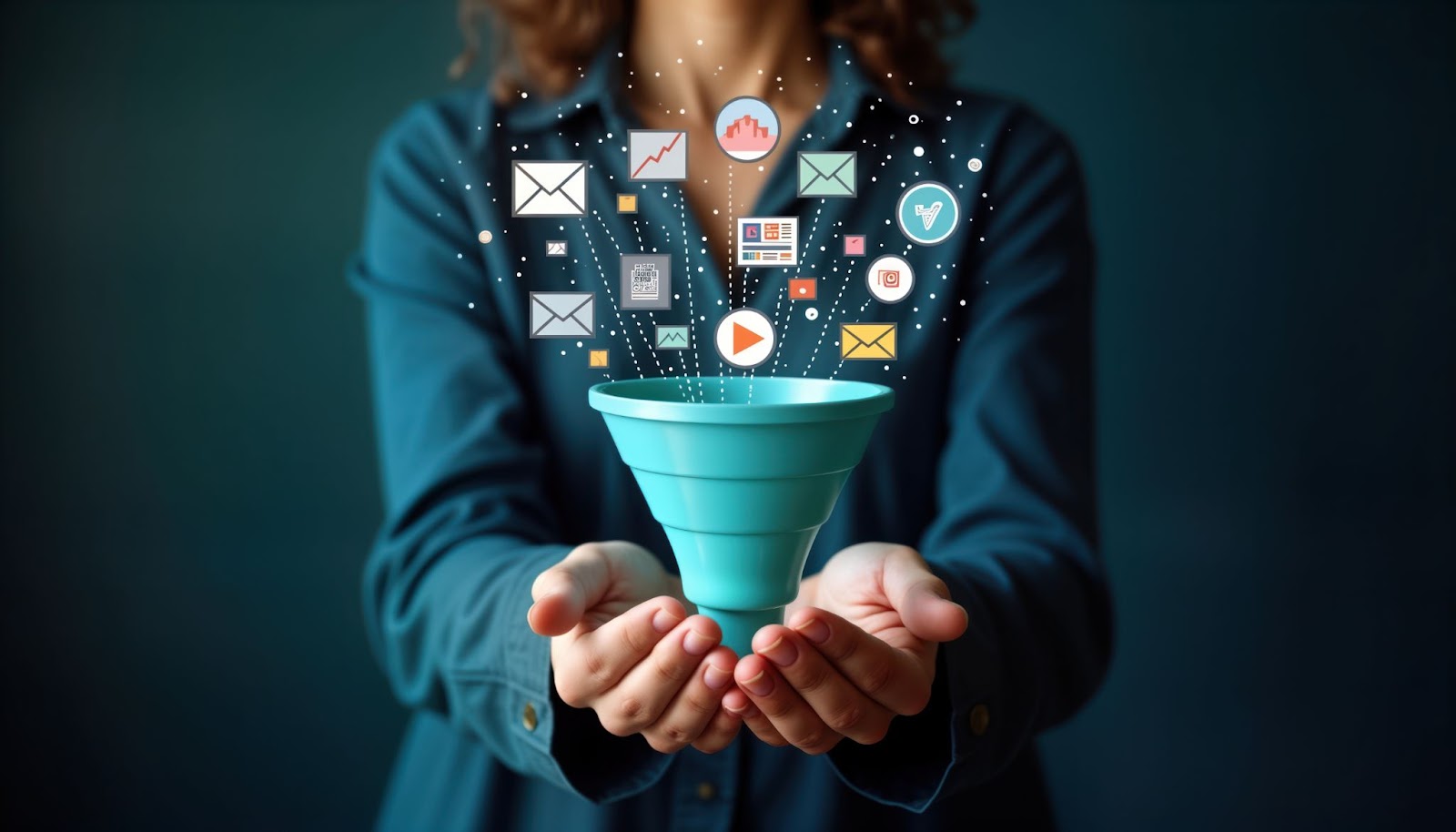A person holding a blue funnel with various digital icons, like emails and social media symbols, emerging from it.