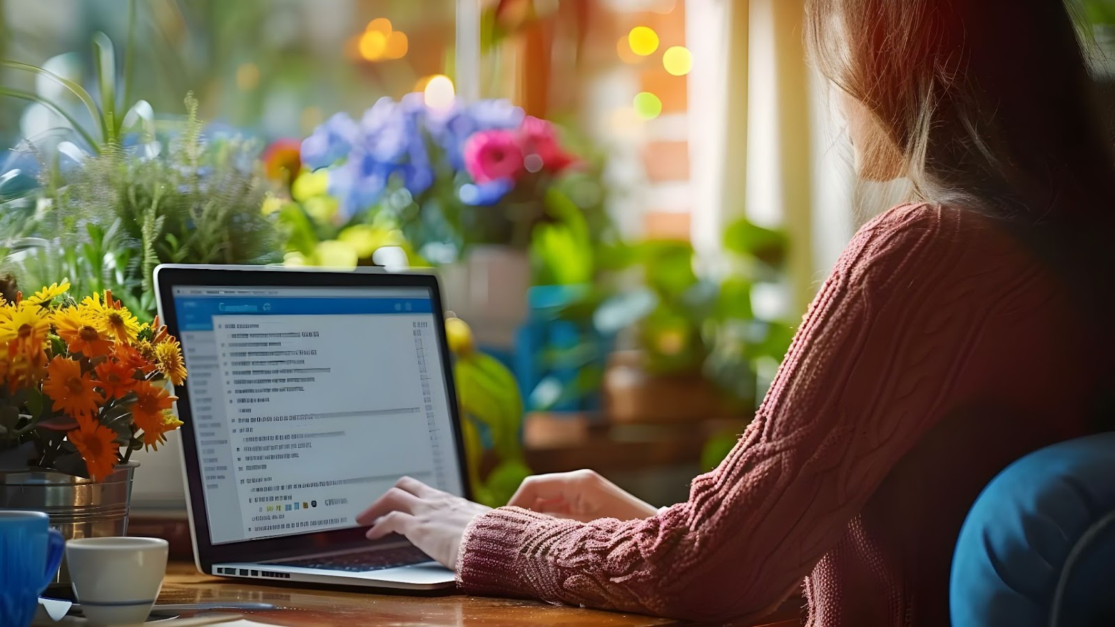 A person working on a laptop in a cozy room with colorful flowers and plants in the background.