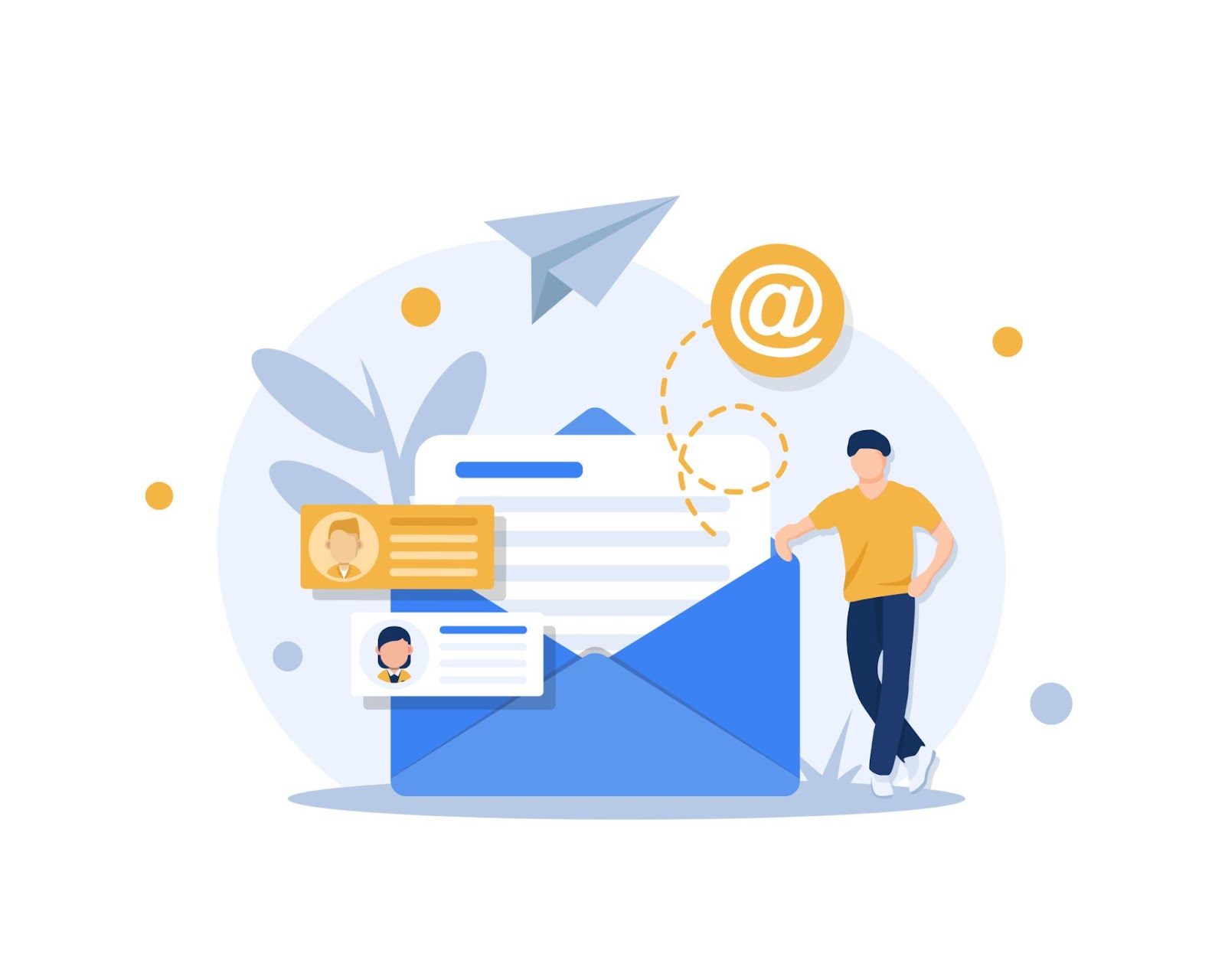 Illustration of a person standing next to an open email with profile cards and an "@" symbol.