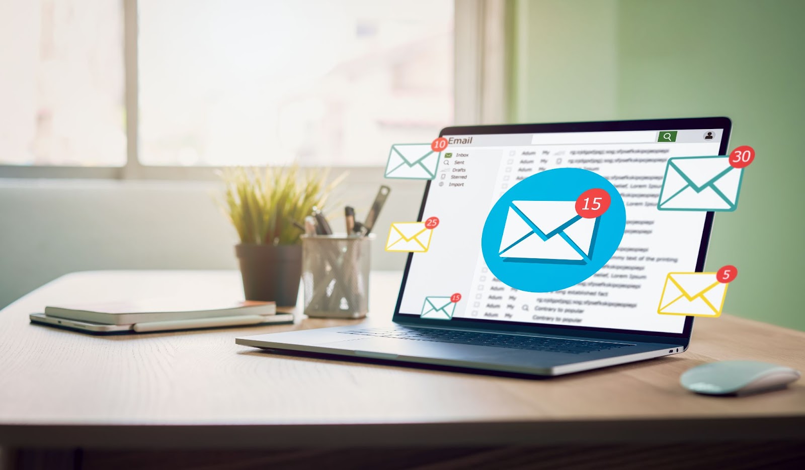 A laptop displaying an email inbox with multiple notification icons, on a desk with plants, books, and a mouse.