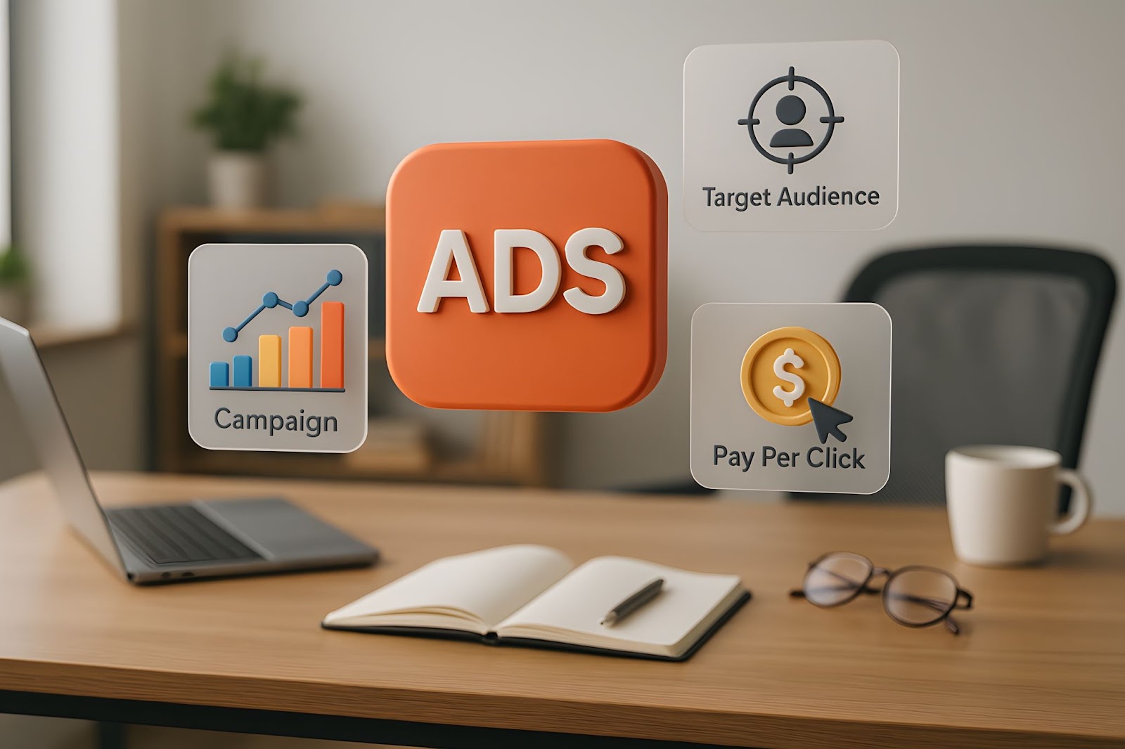 Desk with laptop, notebook, and icons for ADS, Campaign, Target Audience, and Pay Per Click.