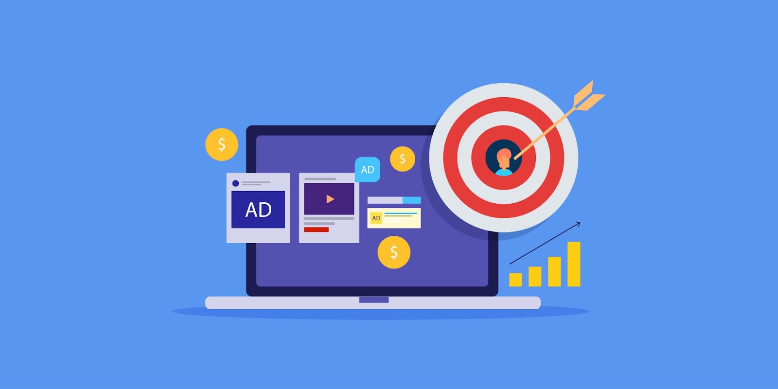 Laptop screen with ads, a target with an arrow, dollar signs, and a rising graph on a blue background.