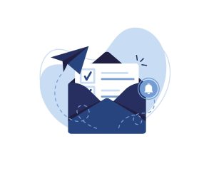 The image depicts an open envelope with a checklist and a bell notification icon, accompanied by a paper airplane and abstract blue shapes.