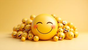 A large smiling emoji surrounded by various smaller emojis on a yellow background.