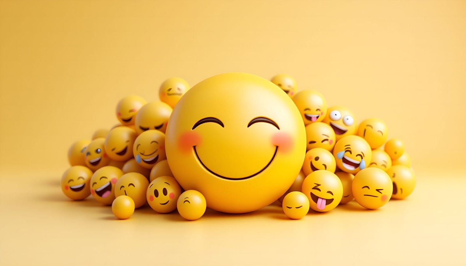 A large smiling emoji surrounded by various smaller emojis on a yellow background.