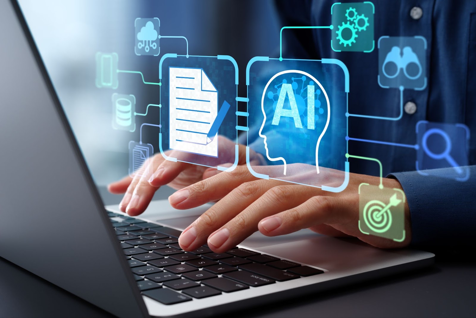 A person typing on a laptop with holographic AI and document icons above the keyboard.