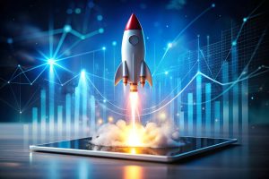 Rocket launching from a digital tablet, symbolizing innovation and growth.