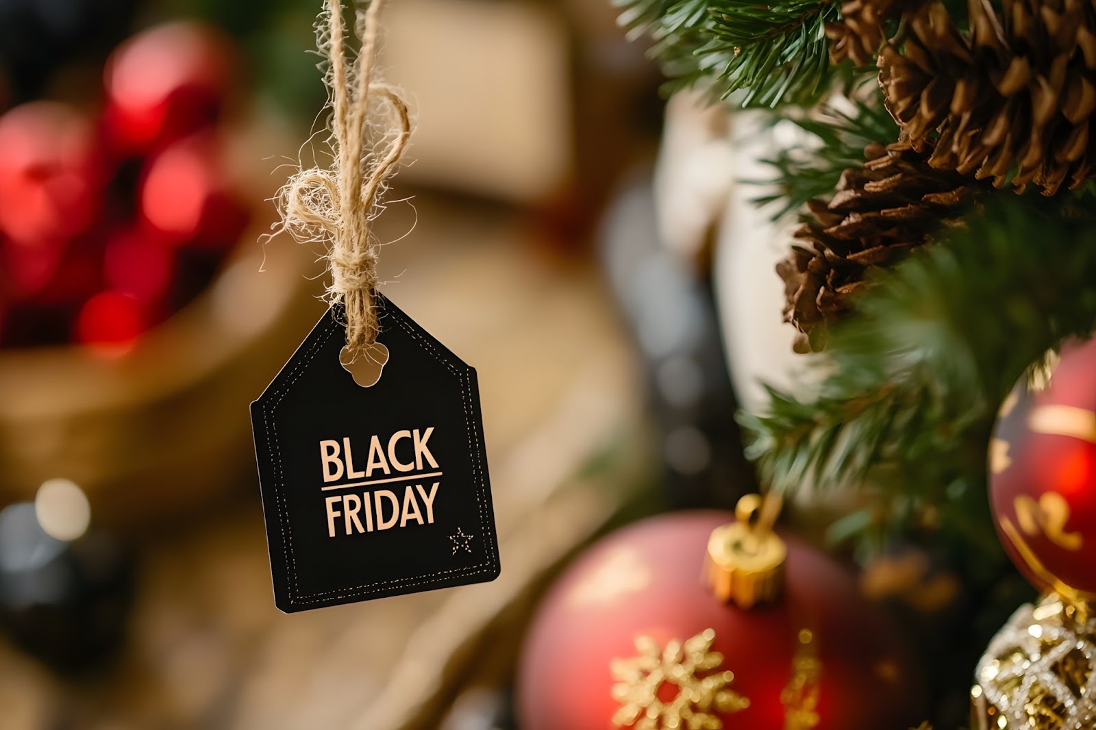 Black Friday tag hanging with Christmas tree and ornaments in the background.