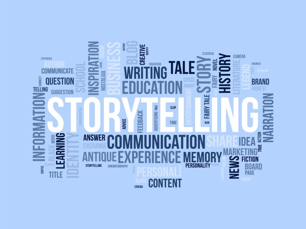 A word cloud with "Storytelling" in the center, surrounded by related terms like "writing," "communication," "narrative," and "experience" on a light blue background.