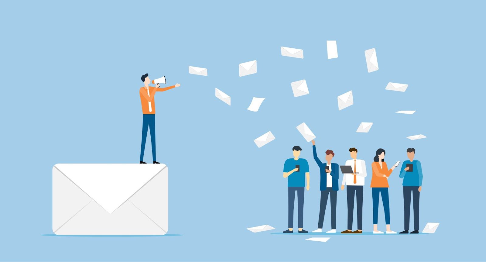 An illustration of a person with a megaphone on a large envelope, sending emails to a group of people holding devices, against a light blue background.