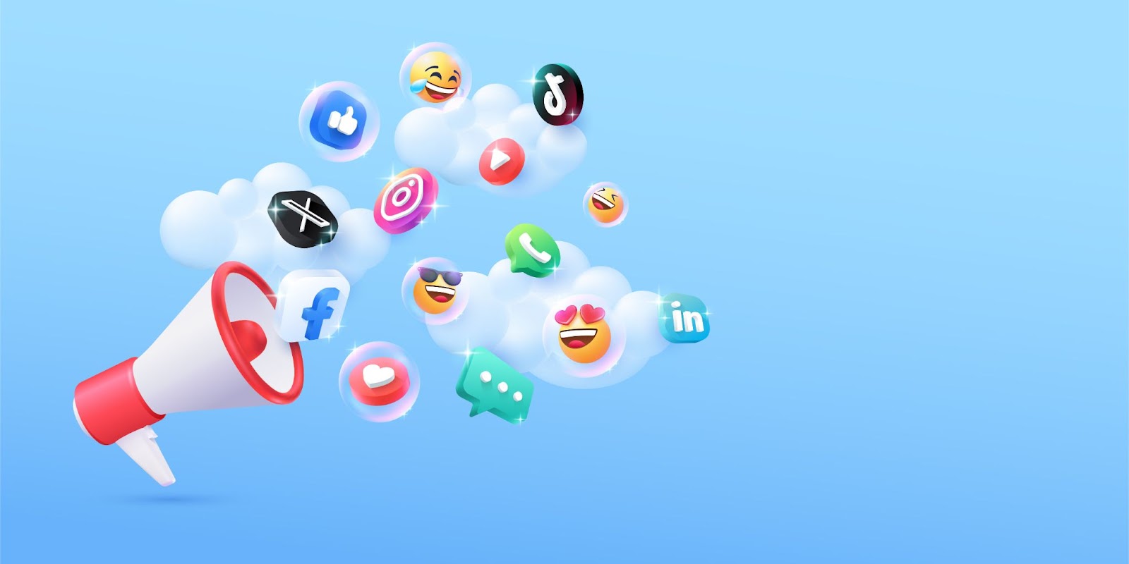 Megaphone broadcasting social media icons and emojis against a blue background.