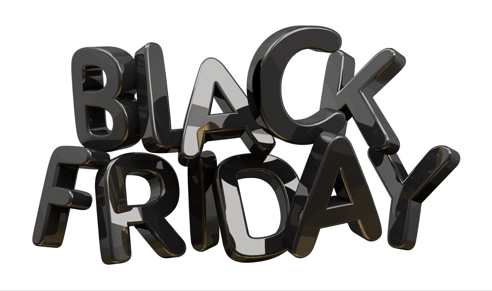 The image shows a 3D text design of "BLACK FRIDAY" in bold, glossy black letters.