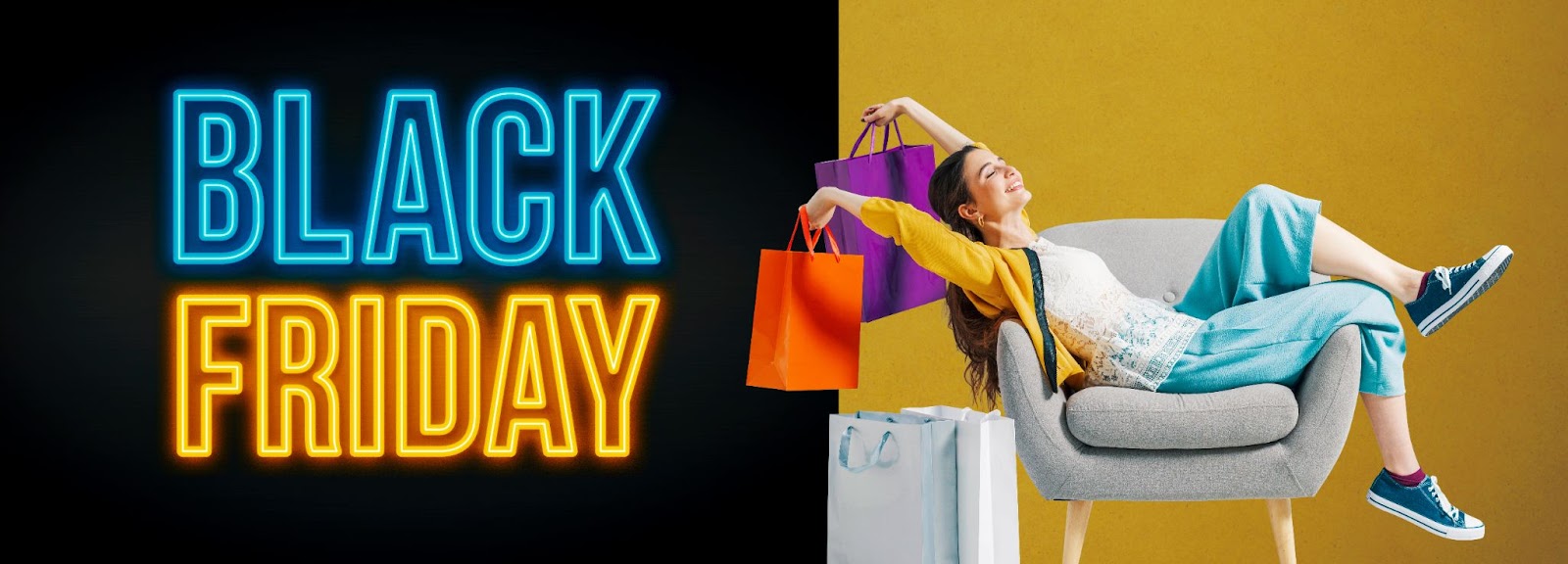 Woman relaxing on a chair with shopping bags, next to BLACK FRIDAY neon sign.