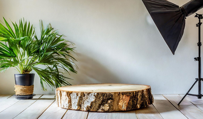 A professional photo studio setup featuring a tripod and a plant, ideal for capturing high-quality images for SEO and social media posts