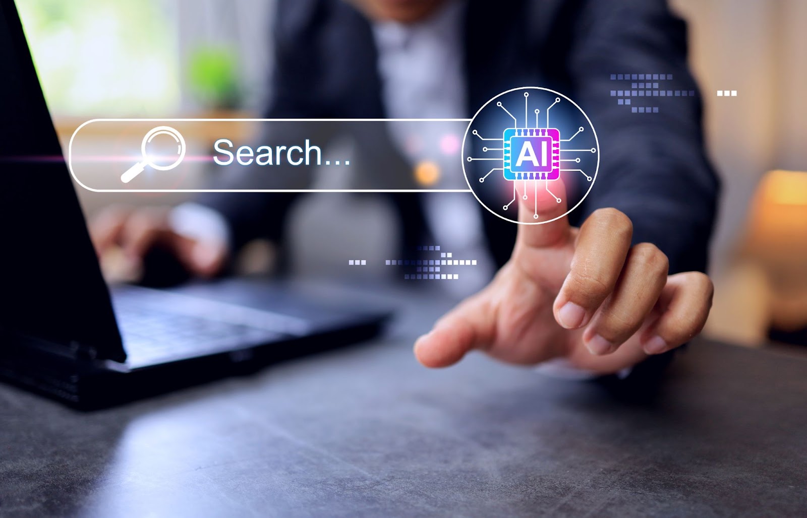 A person in a business suit pointing toward a digital Search... bar that features a glowing, colorful artificial intelligence (AI) microchip icon.