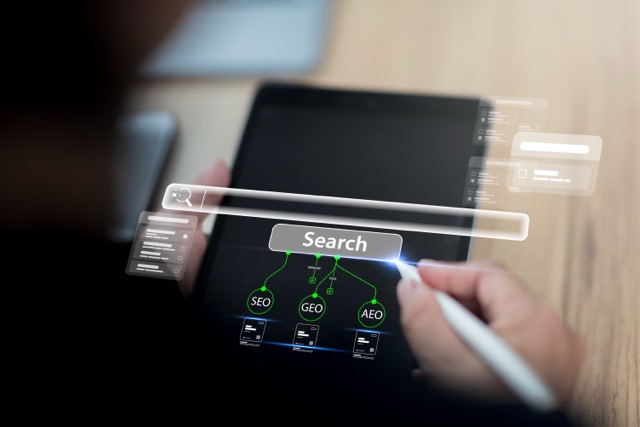 A person using a stylus on a tablet displaying a digital search bar and icons for SEO, GEO, and AEO.