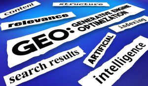 Cut-out paper slips on a blue background displaying terms related to GEO Generative Engine Optimization and artificial intelligence.