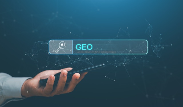 Hand holding a smartphone with a digital search bar overlay displaying "GEO: Generative engine optimization" and an AI icon.