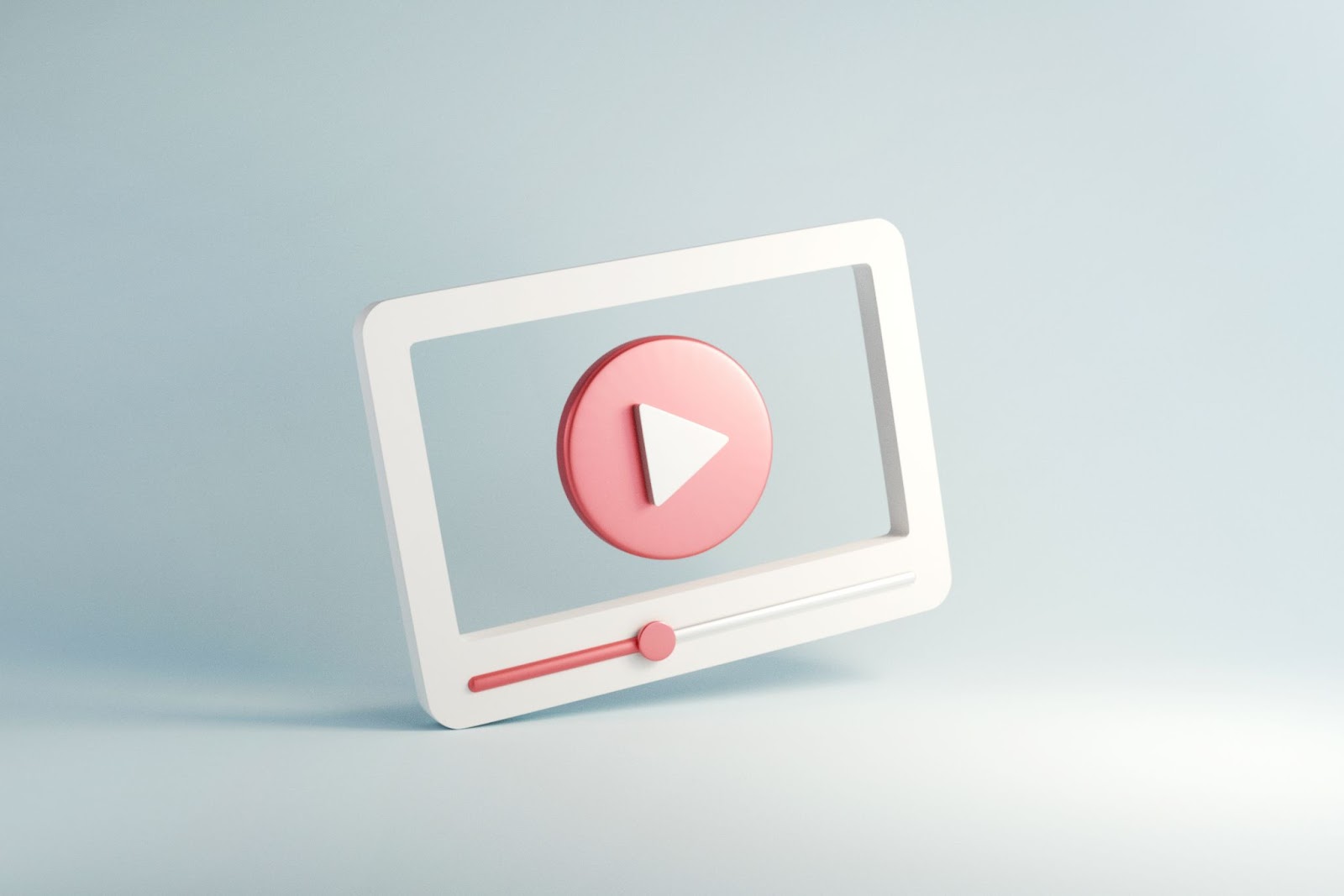 A 3D stylized icon of a video player with a pink play button and progress bar.